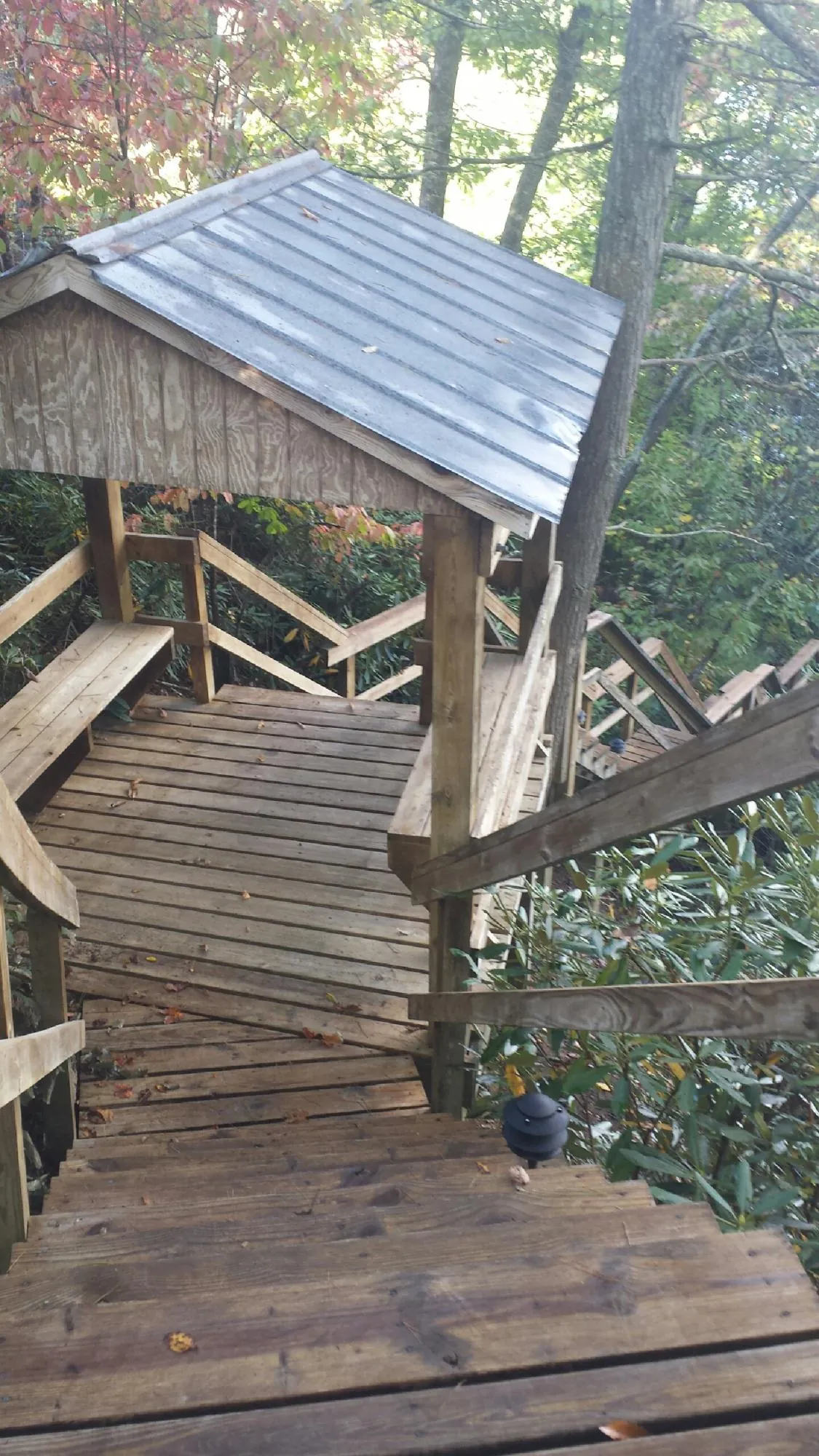 Metal roofed shelter over wooden steps on a wooded walkway — Skylight Repair & Installation work by our crew in Campobello